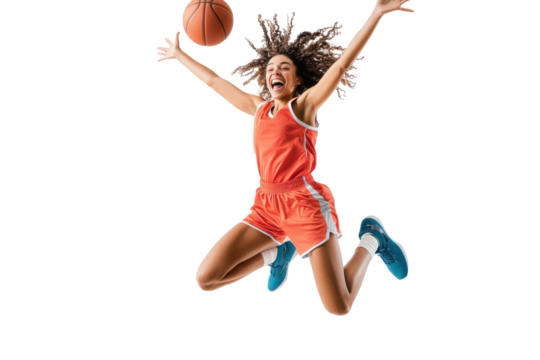Young woman basketball player jumping for a shot isolated on transparent background. Woman basketball player doing midair dunk while smiling and happy isolated on white background.
