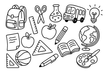 Back to school doodle icon set. Hand drawn vector line art illustrations of education supplies. School bus, book, globe, backpack, pencil and apple on a transparent background.