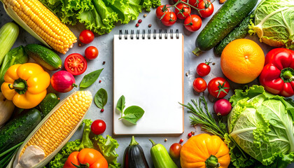 Overhead shot of a blank spiral notebook surrounded by fresh vegetables, including corn, tomatoes, lettuce, peppers, and cucumber.