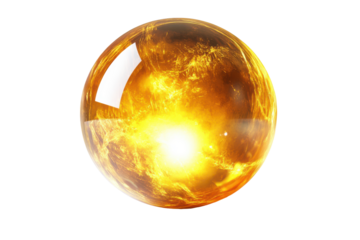 Glowing golden orb with inner light isolated on transparent background. Glowing golden crystal ball emitting a mystical light isolated on white background.