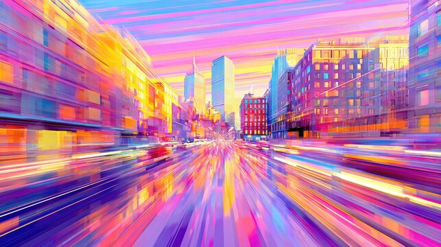 Vivid city street scene with motion blur and vibrant colors.
