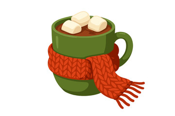 Hot chocolate in green cup with marshmallows and red knitted scarf. Cozy winter composition. Warm beverage for Christmas, holiday season. Flat vector illustration concept.