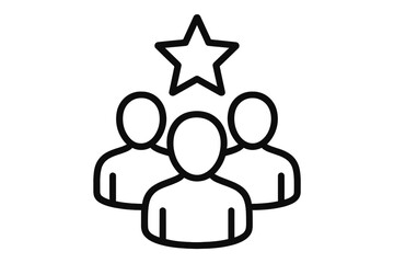 Teamwork leadership success icon. Outline illustration of people group with star symbol. User achievement concept. Collaborative team, community leader, staff excellence. Business vector isolated.