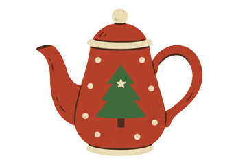 Christmas ceramic teapot with tree. Cute tea kettle in retro style. Hand drawn kitchen crockery. Graphic textured teakettle isolated element. Vector flat holiday illustration.