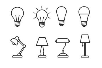 Light bulb and lamp icons set. Editable stroke. Desk lamp, table lamp, banker lamp, floor lamp, classic bulb, LED, glowing idea. Vector illustration. Home, office, energy, illumination, electricity.