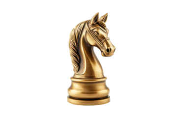 Antique bronze chess piece knight isolated on transparent background. Golden knight chess piece isolated on white background.