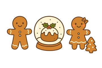 Gingerbread man and girl cookies with a Christmas pudding in a snow globe. Cute doodle childish illustration. Sweeties under glass cover. Vector flat hand drawn isolated set.