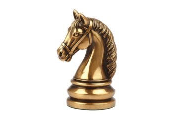 Antique bronze chess piece knight isolated on transparent background. Golden knight chess piece isolated on white background.