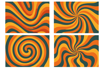 Groovy 70s backgrounds set. Psychedelic swirl, wave, and hypnotic spiral pattern collection. Twisted, distorted vector texture in trendy retro vintage hippie style. Y2k aesthetic.