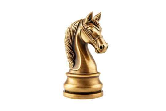 Antique bronze chess piece knight isolated on transparent background. Golden knight chess piece isolated on white background.