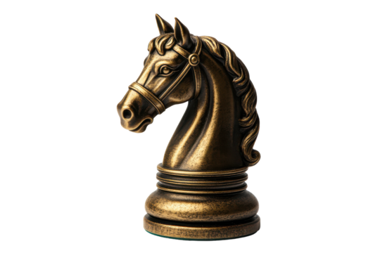 Antique bronze chess piece knight isolated on transparent background. Golden knight chess piece isolated on white background.