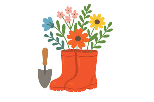 Red rain boots with a fresh bouquet of garden flowers. Cute vector illustration of wellies used as a vase with a trowel. Concept for gardening, spring, hobby, decoration.