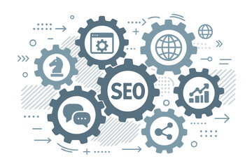 SEO mechanism concept. Abstract background with integrated gears. Icons for strategy, digital, internet, network, connect, analytics, social media, global marketing technology.