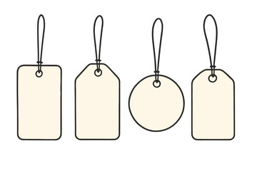 Set of blank dangling paper labels and cloth price tags. Label template collection. Hand drawn vector illustration for ads. Retail sale badge. Empty cardboard hangtag set.