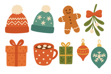 Christmas graphic elements set. Cute hand-drawn vector icons. Winter hat, gingerbread, mistletoe, gift, hot chocolate, bauble. Isolated holiday season flat illustration objects.