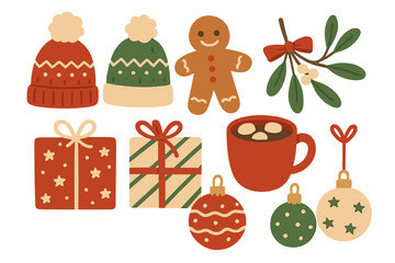 Set of Christmas design elements. Hand-drawn flat vector objects. Knitted hats, gingerbread man, mistletoe, gifts, hot cocoa, baubles. Happy holidays, winter celebration.