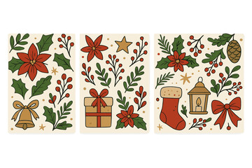 Set of three Christmas greeting cards or vertical banners. Hand-drawn winter holiday illustrations with poinsettia, holly, gifts and stocking. Festive traditional vector design.