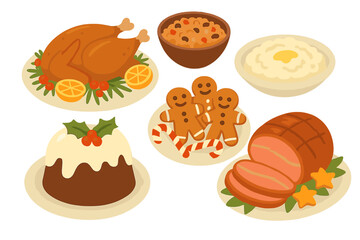 Traditional Christmas food set. Holiday dinner dishes collection. Vector illustration of roast turkey, glazed ham, pudding, gingerbread cookies. Festive winter meal flat elements.