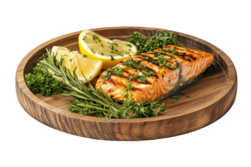 Grilled salmon fillet with lemon and herbs isolated on transparent background. Grilled salmon with lemon and herbs on a wooden plate isolated on white background.