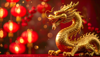 A golden dragon statue with intricate details, surrounded by red lanterns, celebrating a festive occasion.