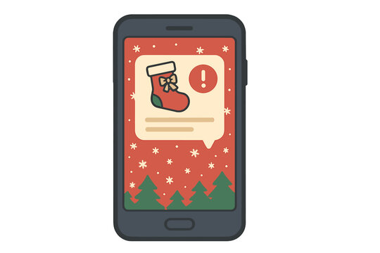 Christmas holiday notification on smartphone screen. Festive New Year greeting message concept. Xmas online communication vector. Mobile phone with winter celebration alert.