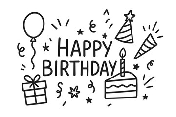Happy Birthday hand drawn lettering. Doodle party celebration vector icon set. Line art sketch with cake, candle, balloon, gift. Greeting card invitation banner design element.