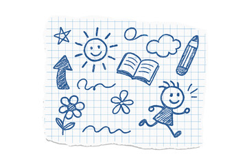 Hand drawn childish doodles on torn checkered paper. Back to school concept with kid's scribbles of sun, book, pencil. Sketchy notebook drawing vector cartoon illustration.