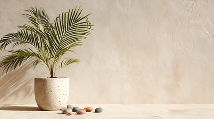 A small potted palm plant with green leaves and a speckled pot, placed on a textured surface with scattered pebbles, evoking a natural and serene ambiance