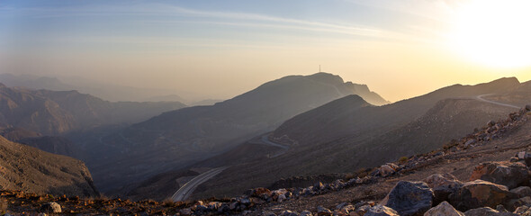 Panoramic View of Winding Mountain Road at Sunset, Al Jebel Al Jais, Ras Al Khaimah, UAE