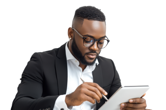 Focused black businessman wearing glasses and suit using a tablet isolated on transparent background. Handsome businessman using a tablet and working isolated on white background.