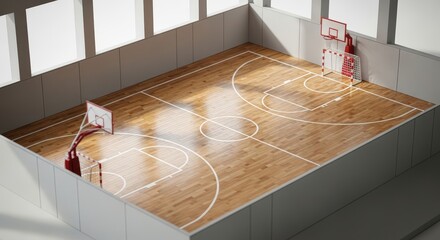 Aerial perspective of a clean, empty basketball gymnasium with wooden flooring, representing the essence of sport and competition