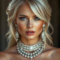 Una dama rubia posando con un exquisito rostro y maquillaje de sueño