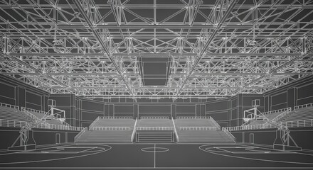 Detailed wireframe rendering of a modern basketball arena interior, showcasing the court, seating, and architectural structure