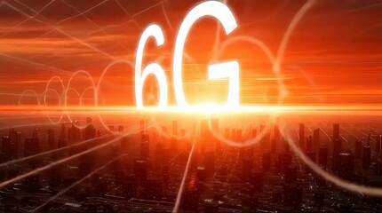 A futuristic city skyline with the concept of 6G technology illuminated. - Powered by Adobe