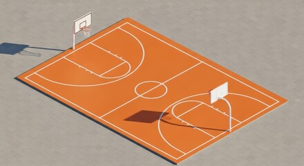 High-angle isometric view of a clean orange basketball court on a concrete surface. 3D rendered sports field for recreation and competition
