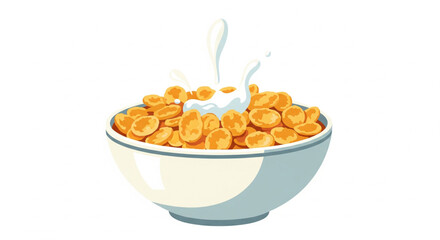 A bowl of cornflakes with milk splashing into it, a breakfast cereal scene.