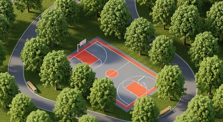 Outdoor basketball court surrounded by a winding path and lush green trees in a city park, an aerial view of a tranquil sports ground