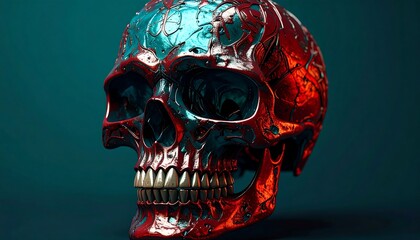 Ornate skull, red & blue, dark background