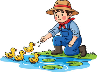 young farmers gentle ducklings a serene countryside scene, isolated on transparent background
