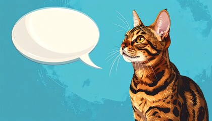 Elegant feline gazes, speech bubble beside