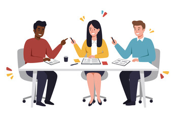 Three colleagues sit at a table with a notebook and technology