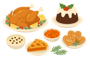 Set of traditional Christmas food. Festive holiday dinner with roast turkey, pudding, pie and gingerbread cookies. Main course and dessert for Xmas or New Year celebration.