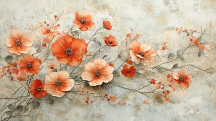 Floral artwork on textured background; wall decor; calming; spring-inspired; peaceful scene; ideal for home decor