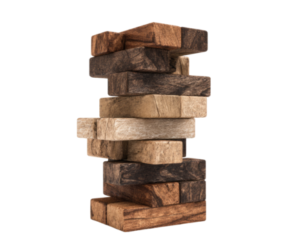 Wooden puzzle blocks stacked high