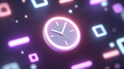 Clock with luminous edges against a colorful digital background, symbolizing time management in modern technology and lifestyle trends