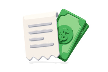 3D render payment receipt icon with cash money. Paper bill for transaction or invoice. Financial document for expenses, tax or shopping. Cartoon vector illustration concept.