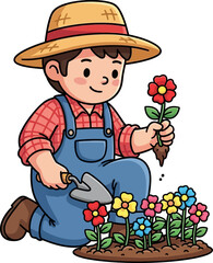 young gardeners joy a colorful cartoon of spring planting, isolated on transparent background