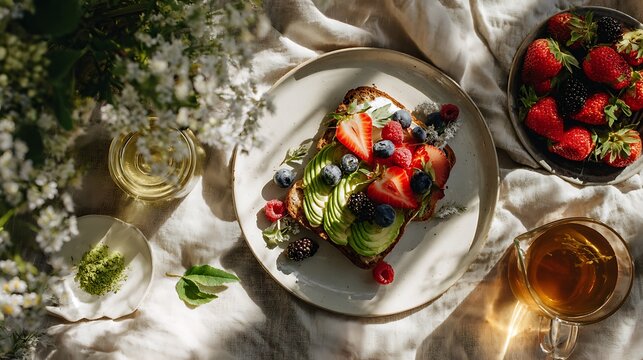 Avocado toast with berries healthy breakfast food photography and tea on a linen cloth aesthetic shot