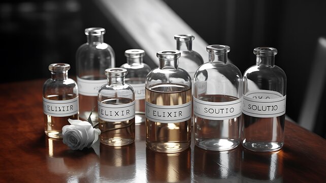 Elixir and Solution Bottles with White Rose