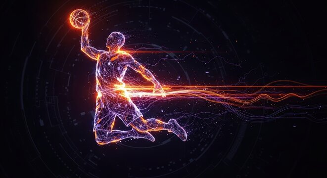 Futuristic basketball player mid-air for a slam dunk, rendered with abstract glowing particles and energetic light trails